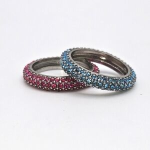 Set of Pink Red and Blue CZ Silver Matching Stackable Eternity Band Rings